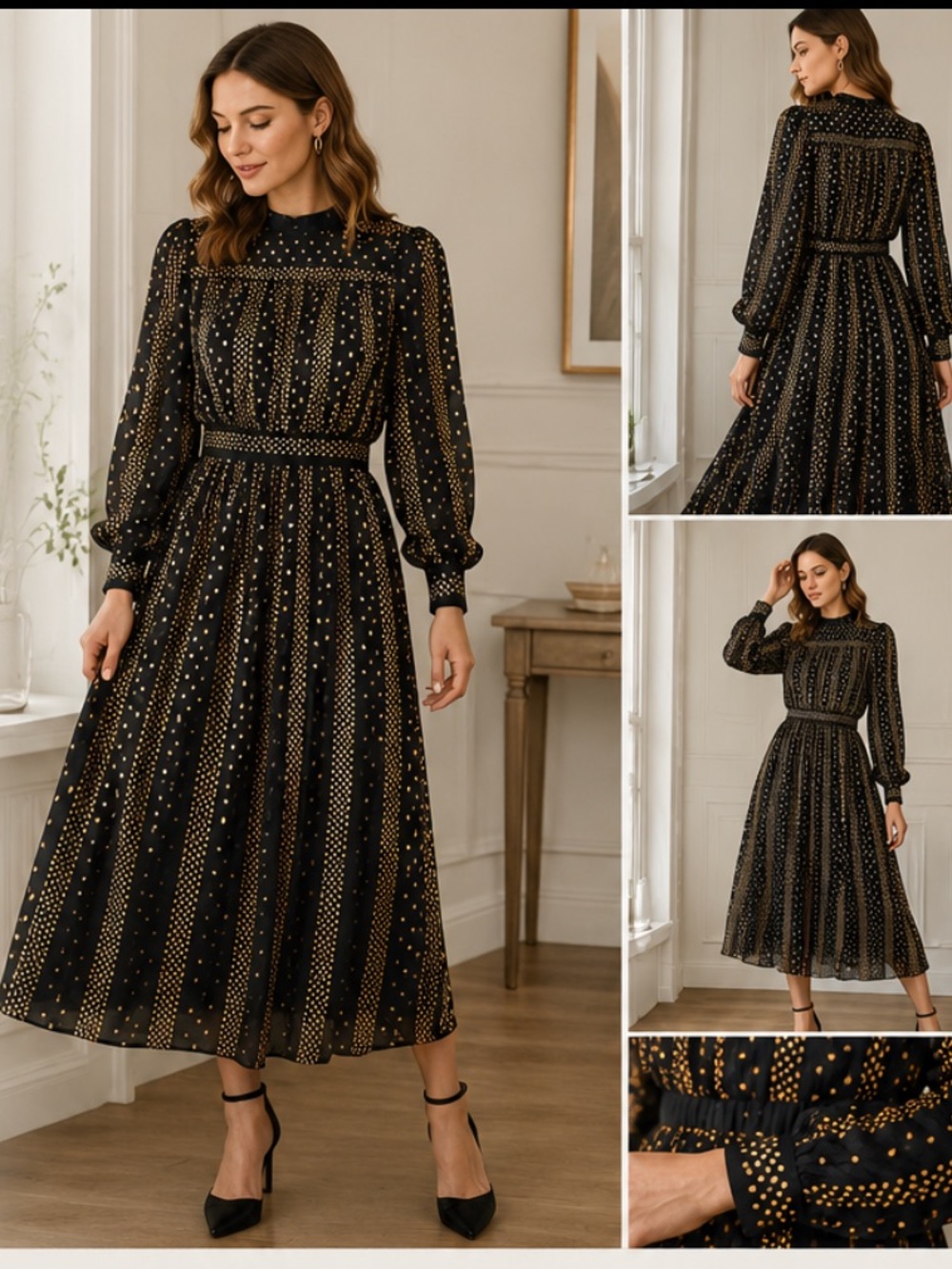 Sabina Musayev Black and Metallic Gold Long Sleeve Dress XS
